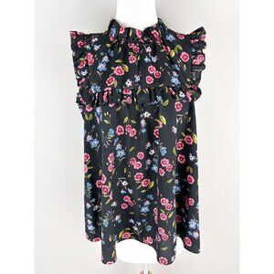 Kate Spade Wild Ones Meadow Ruffle Yoke Sleeveless Top Black Floral Large